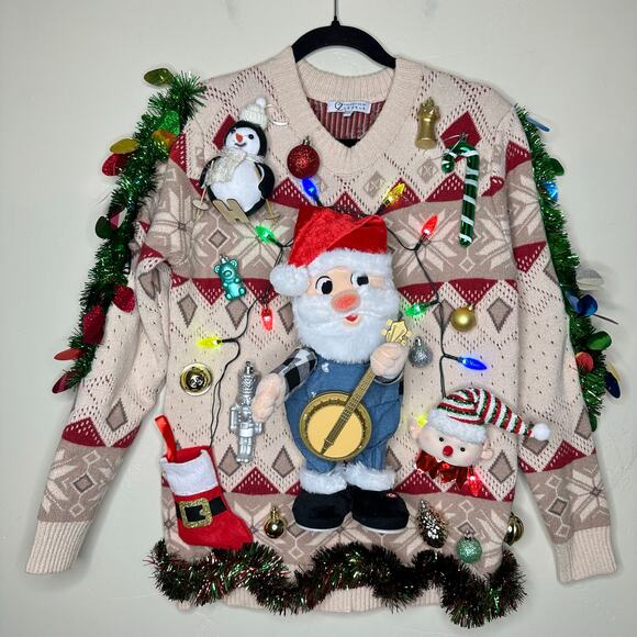 Ugly Christmas Sweater Singing Santa LIGHTS UP Tinsel Xmas Party Winner Sz Small - Picture 1 of 5